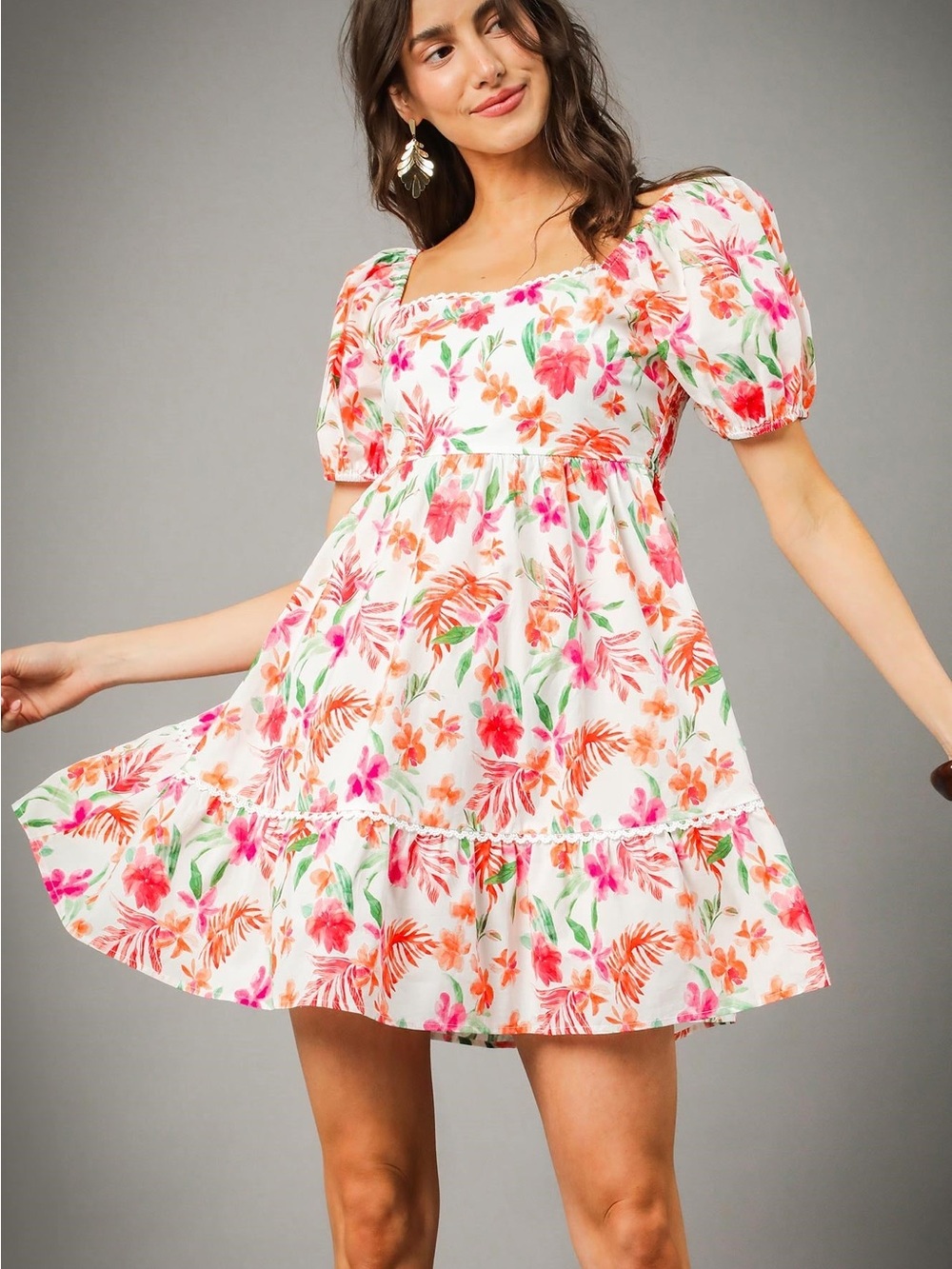 Floral Puff-Sleeve Mini Dress - White/Pink/Orange